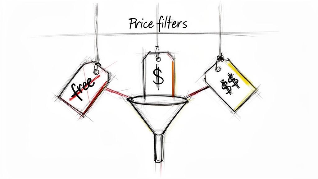A sketch shows price tags labeled 'free', '$', and '$$' feeding into a funnel, illustrating price filters.