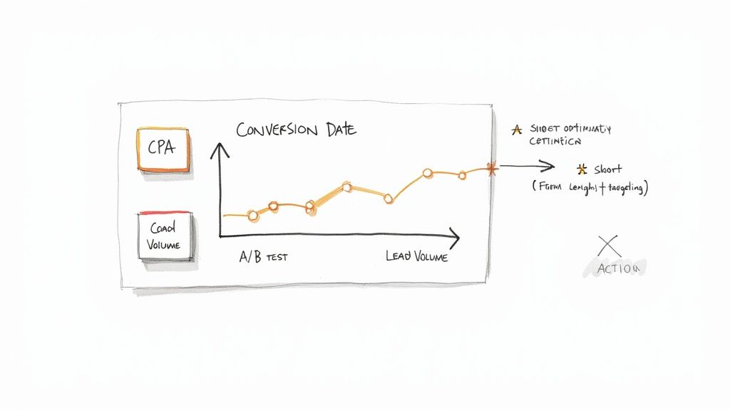 Chart showing conversion rate optimization comparing CPA and lead volume with A/B testing metrics