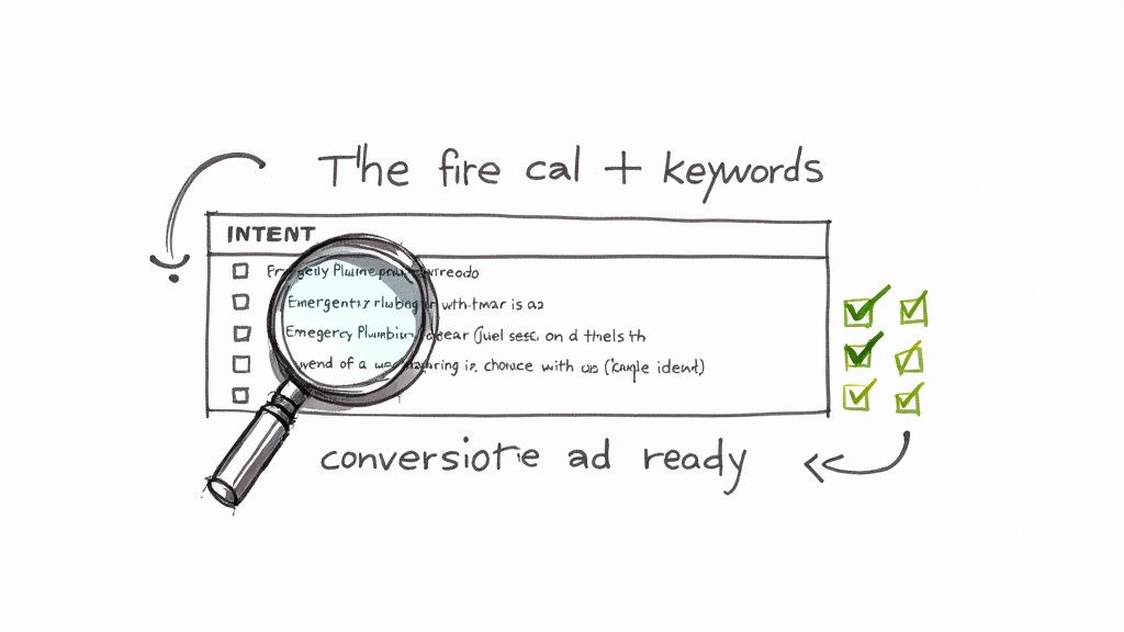 Diagram showing search intent matching with keywords and conversion-ready ad checklist illustration