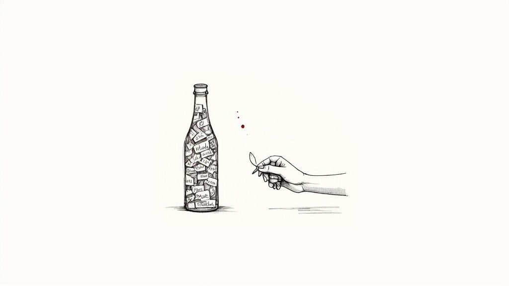 A minimalist drawing of a bottle filled with word-written notes, a hand holding a feather, and red splatters.