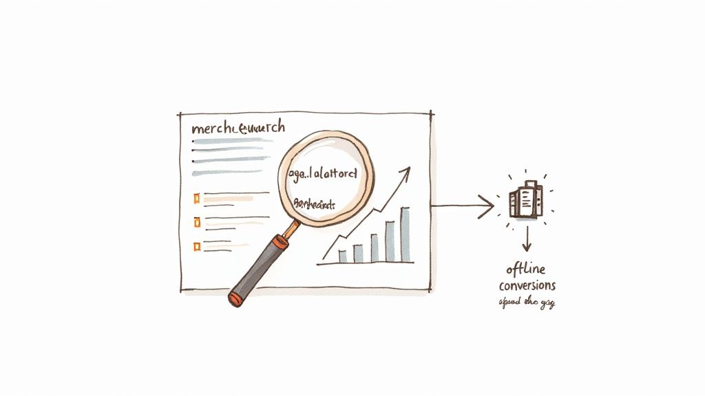 A person using a laptop with Google Ads campaign data on a screen, using a magnifying glass to inspect the data closely.