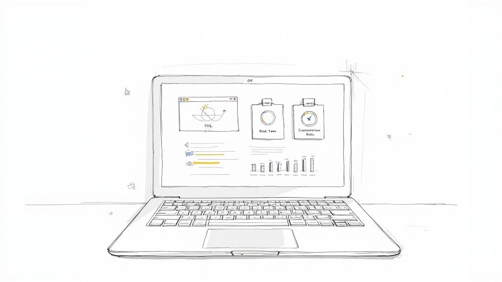 Sketch of a laptop showing a marketing or business intelligence dashboard with PPL and data.