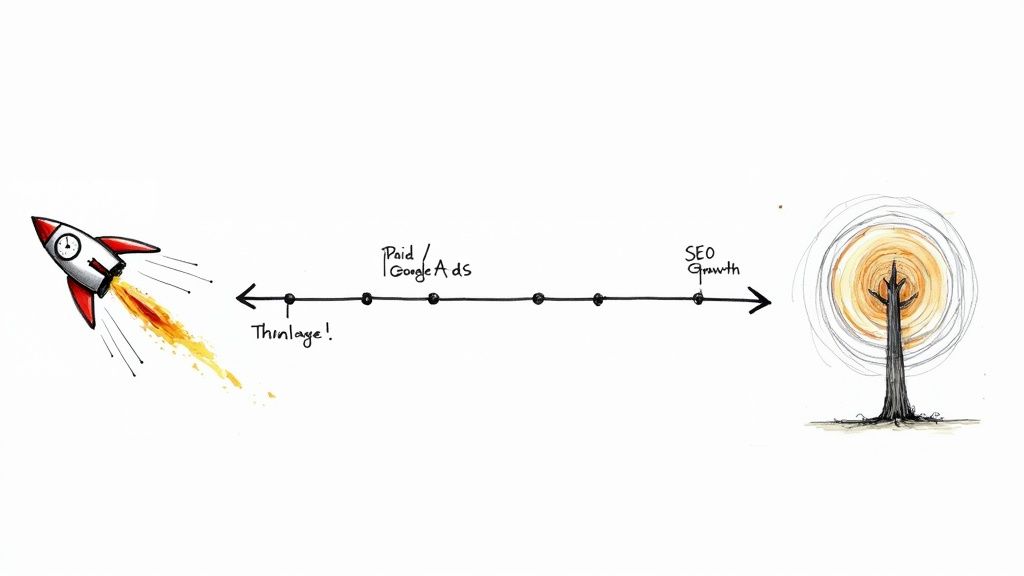 A person watering a small plant next to a rocket taking off, symbolizing the difference between slow, organic growth and fast, paid launch.