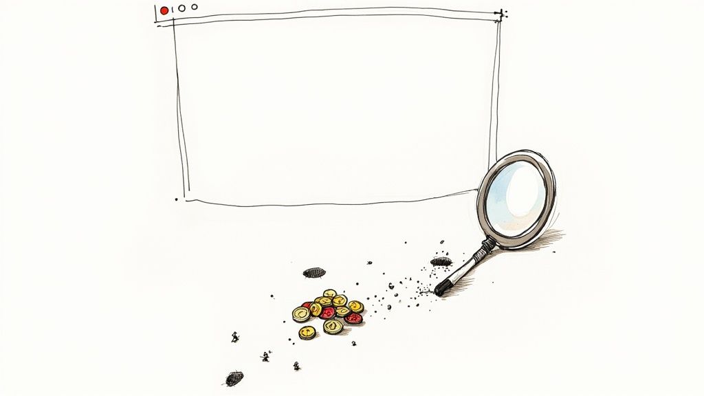 Magnifying glass near scattered coins and small figures under a simple computer screen sketch.