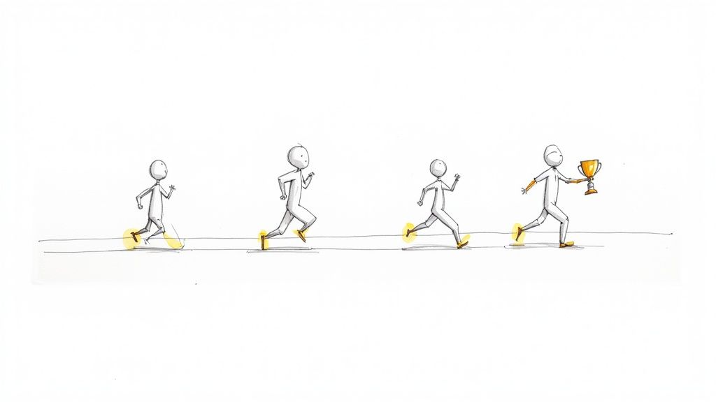 A visual representation of progress: stick figures running, leading to one holding a golden trophy.