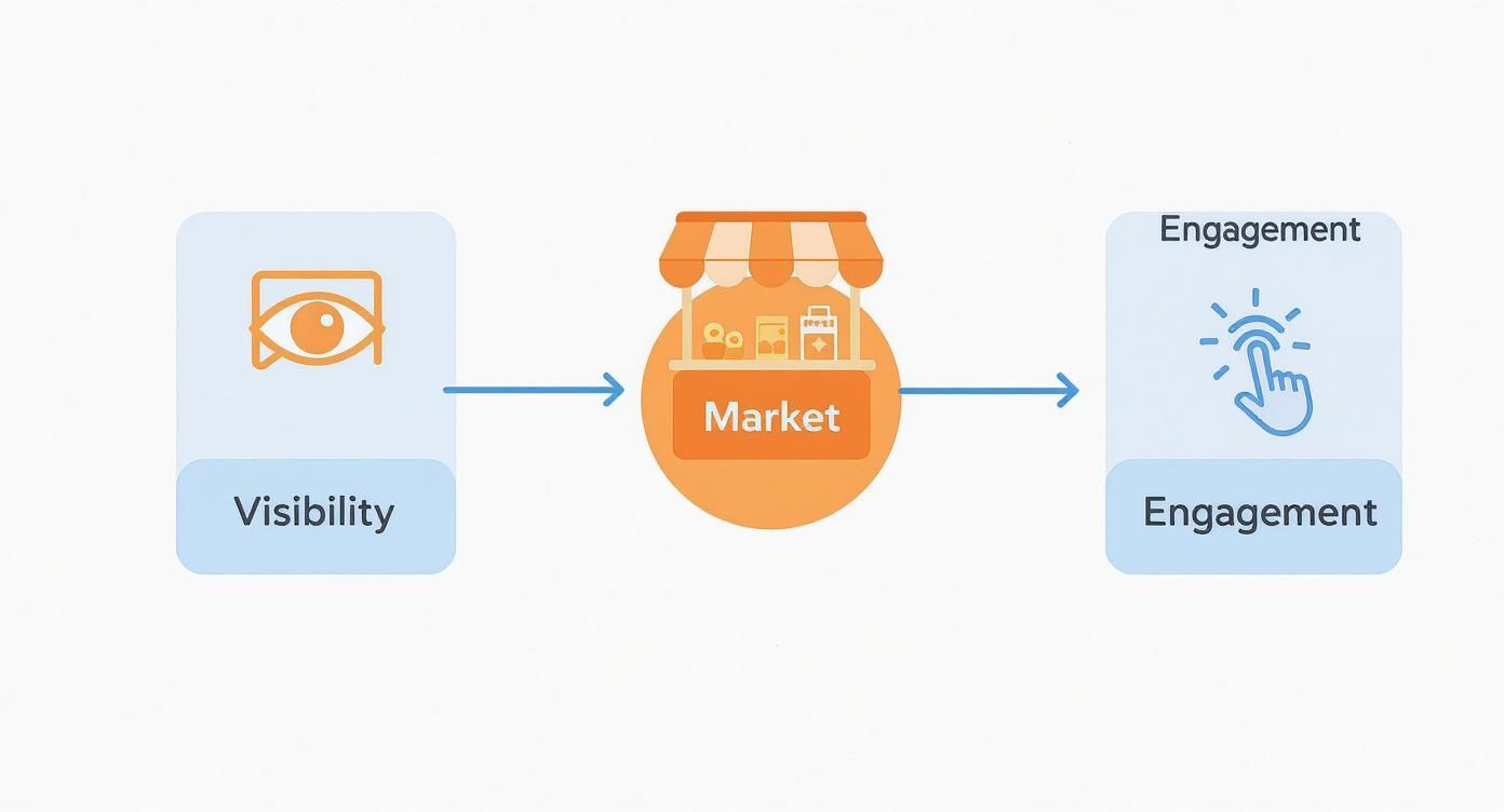A marketing diagram showing the flow from Visibility, represented by an eye, to Market, then to Engagement, represented by a clicking hand.