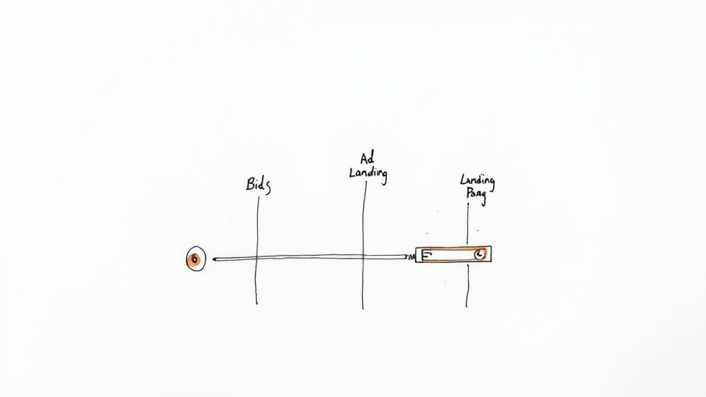 A diagram illustrating a pay-per-click campaign flow with stages for bids, ad landing, and landing page.