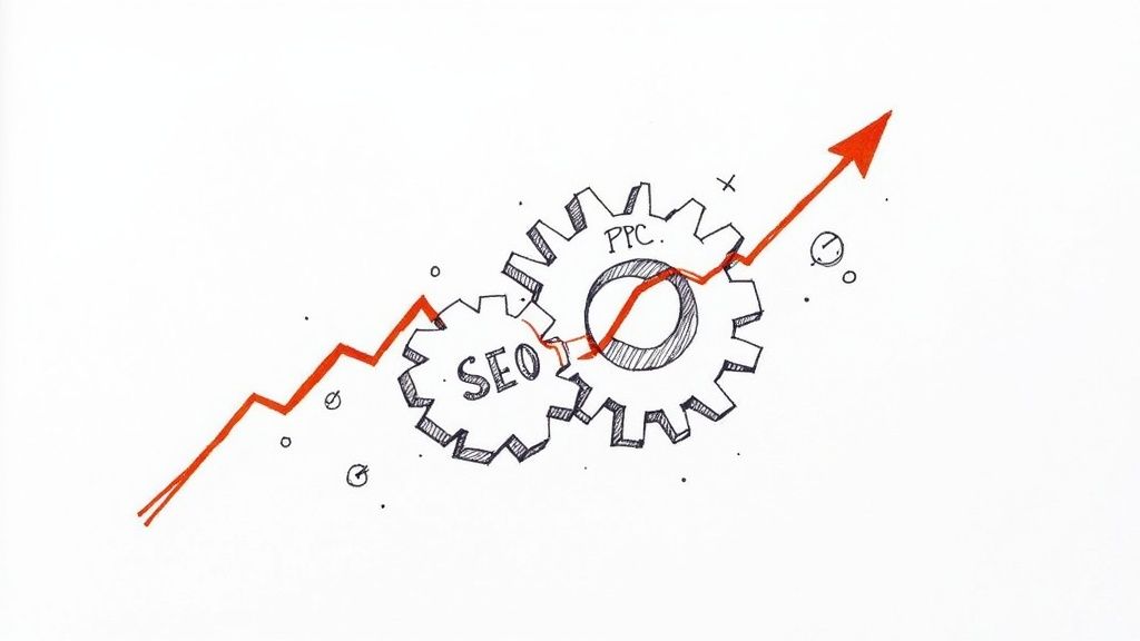 An abstract image showing two puzzle pieces, one labeled SEO and the other PPC, fitting together perfectly.