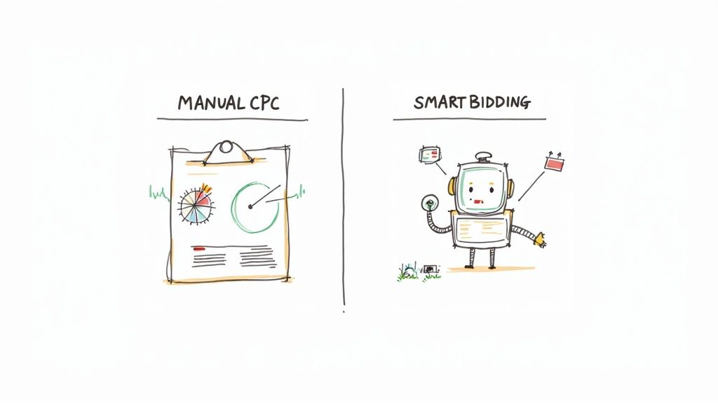 Comparison illustration showing manual CPC with charts versus smart bidding with robot automation
