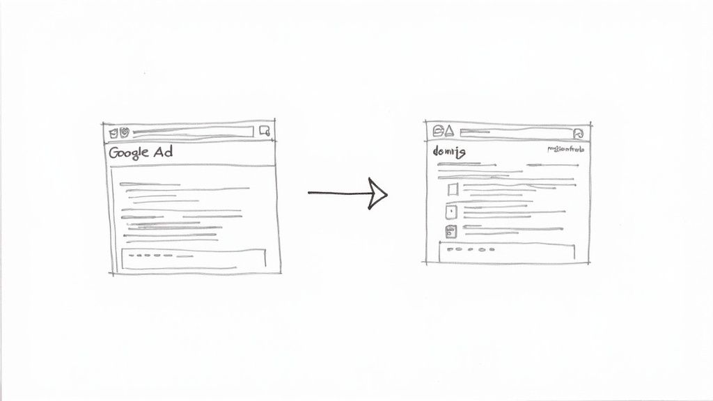 Wireframe sketch showing a Google Ad leading to a converting landing page with an arrow.
