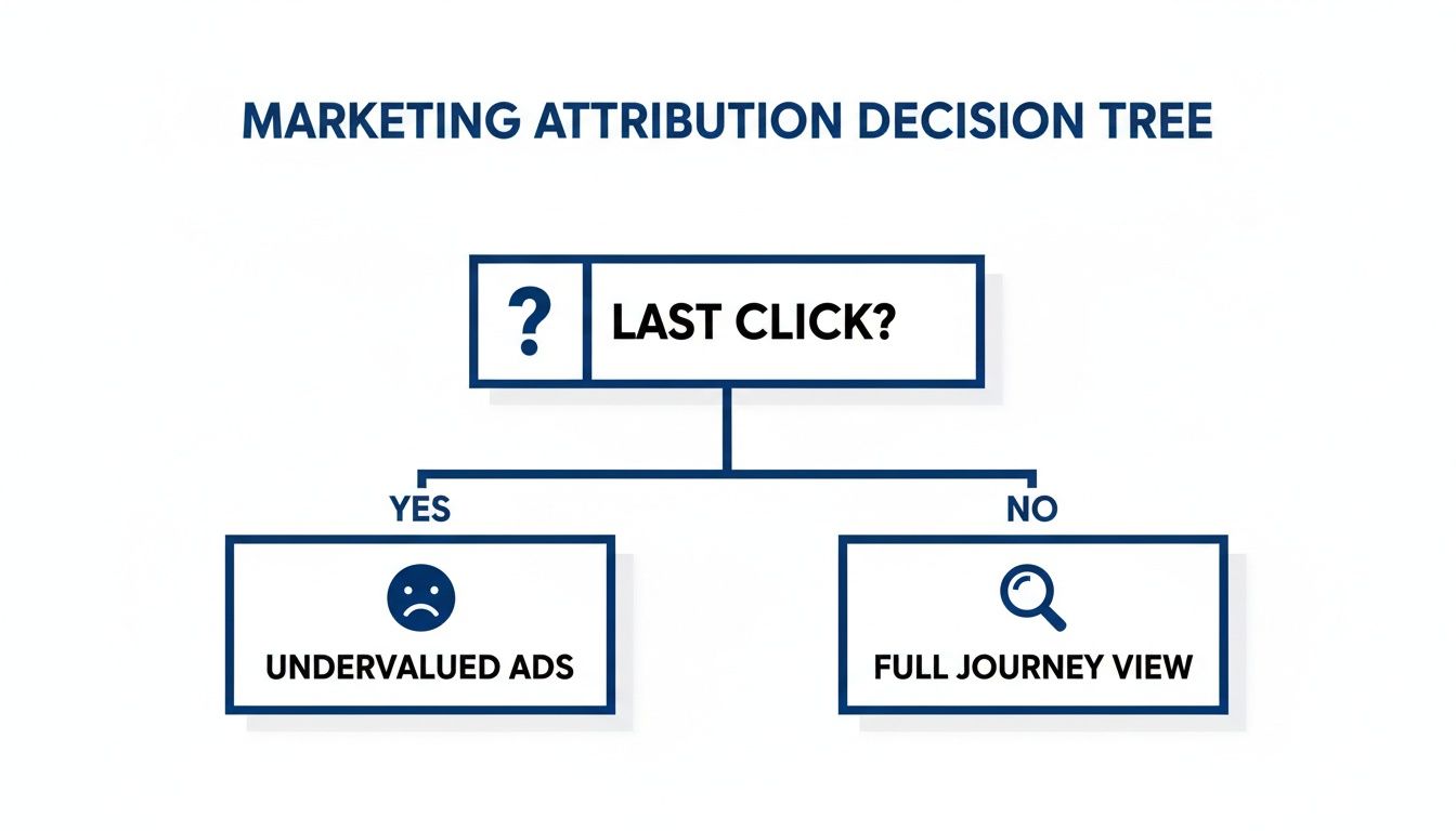 Decision tree illustrating marketing attribution: last click leads to undervalued ads, while not leads to full journey view.