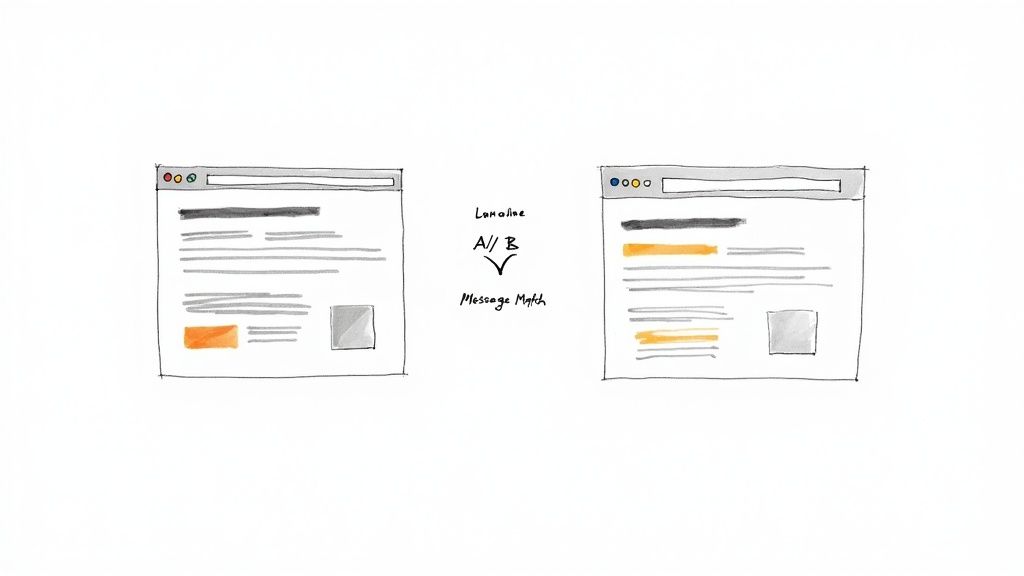 A split image showing compelling ad copy on one side and a high-converting landing page on the other, visually representing the concept of message match.