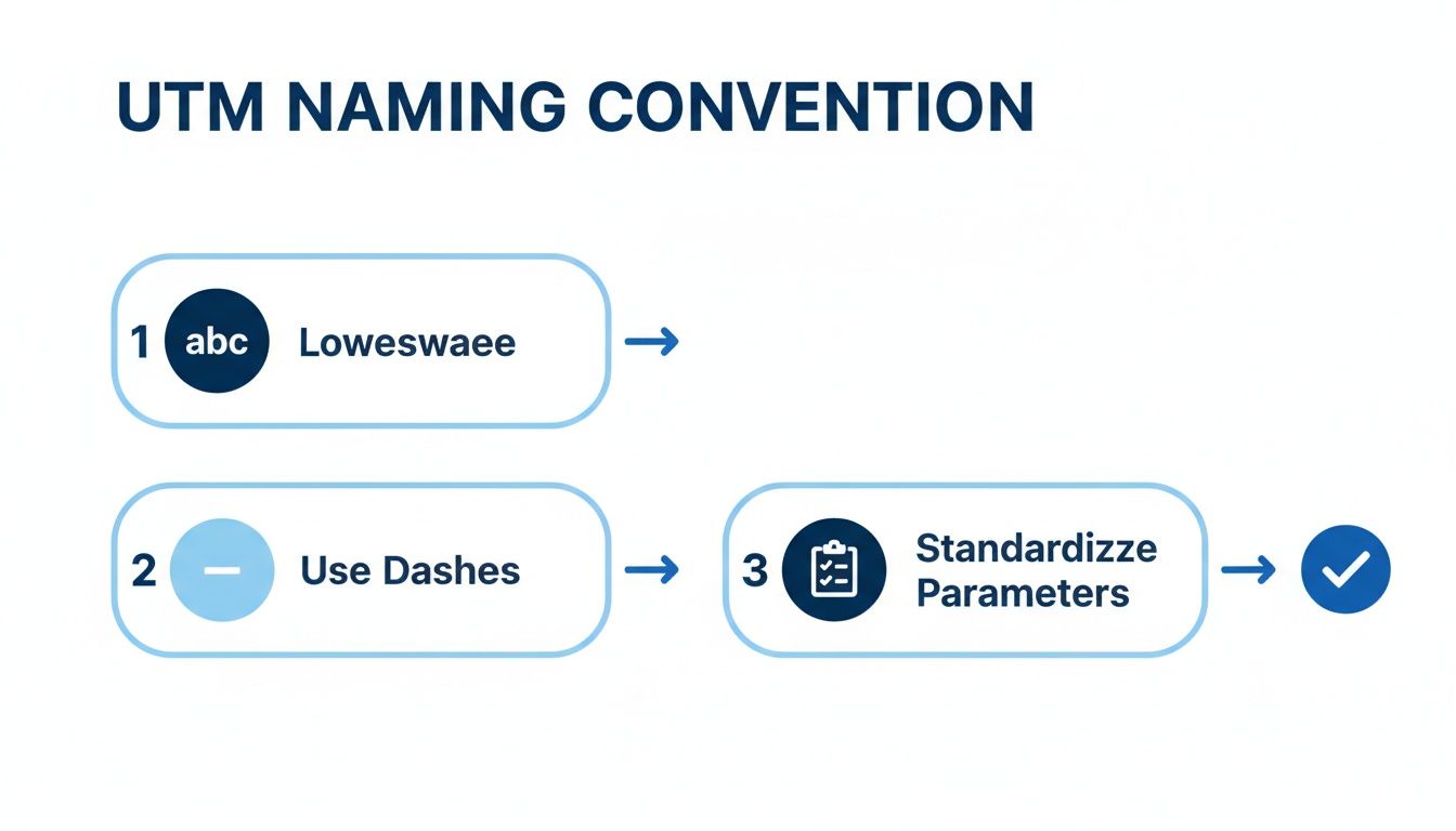Diagram illustrating a three-step UTM naming convention: Loweswaee, Use Dashes, Standardize Parameters.