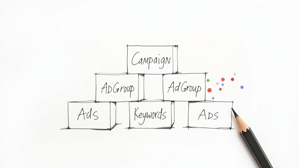 A person at a desk building a foundational structure with blocks, representing the start of a PPC campaign.
