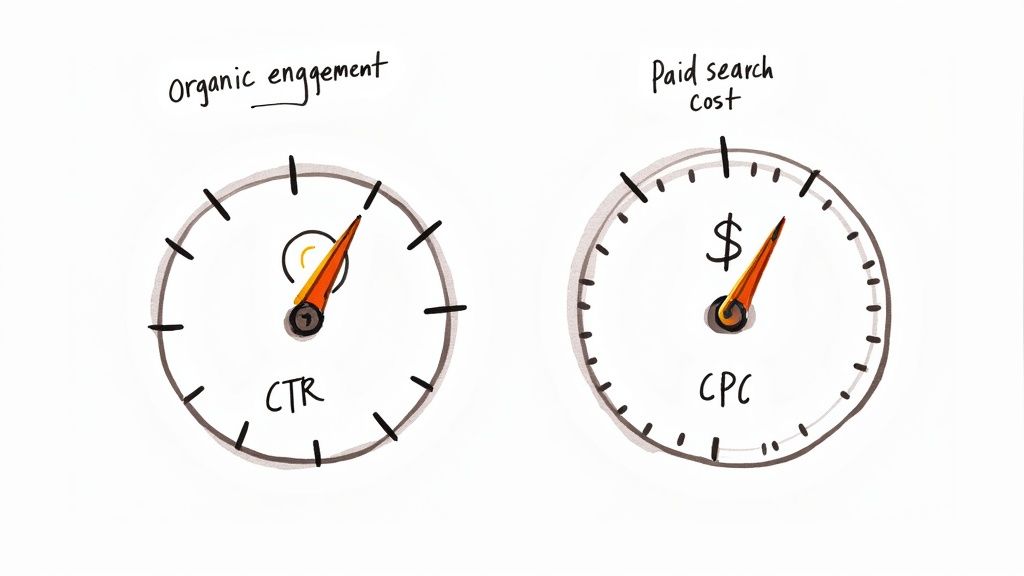 An image showing different performance metrics like CTR, CPC, and ROAS on a digital dashboard, representing the analysis of natural vs paid search.