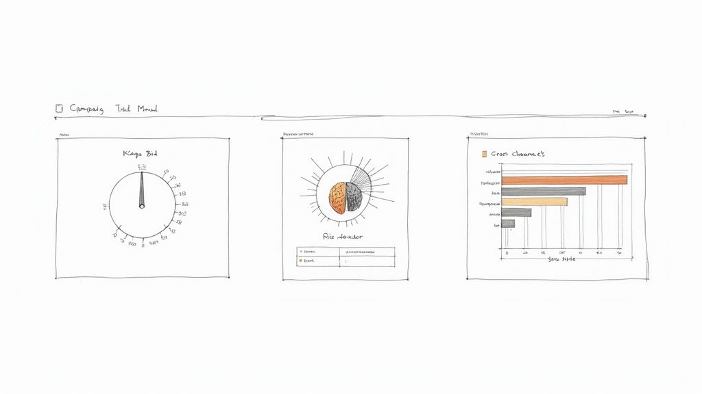 A hand-drawn sketch of an analytics dashboard with a gauge, pie, and bar charts.