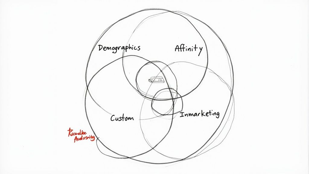 A visual representation of different audience targeting segments radiating from a central point, symbolizing the precision of YouTube PPC advertising.