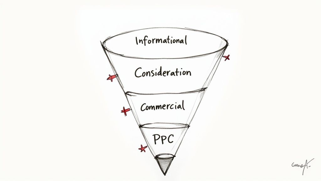 A strategic diagram showing keywords being sorted into SEO and PPC categories, with arrows indicating data sharing.