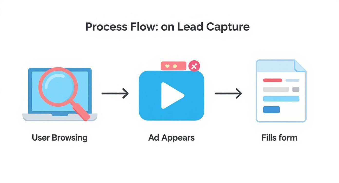 Lead capture process flow diagram showing user browsing, ad appearance, and form completion steps