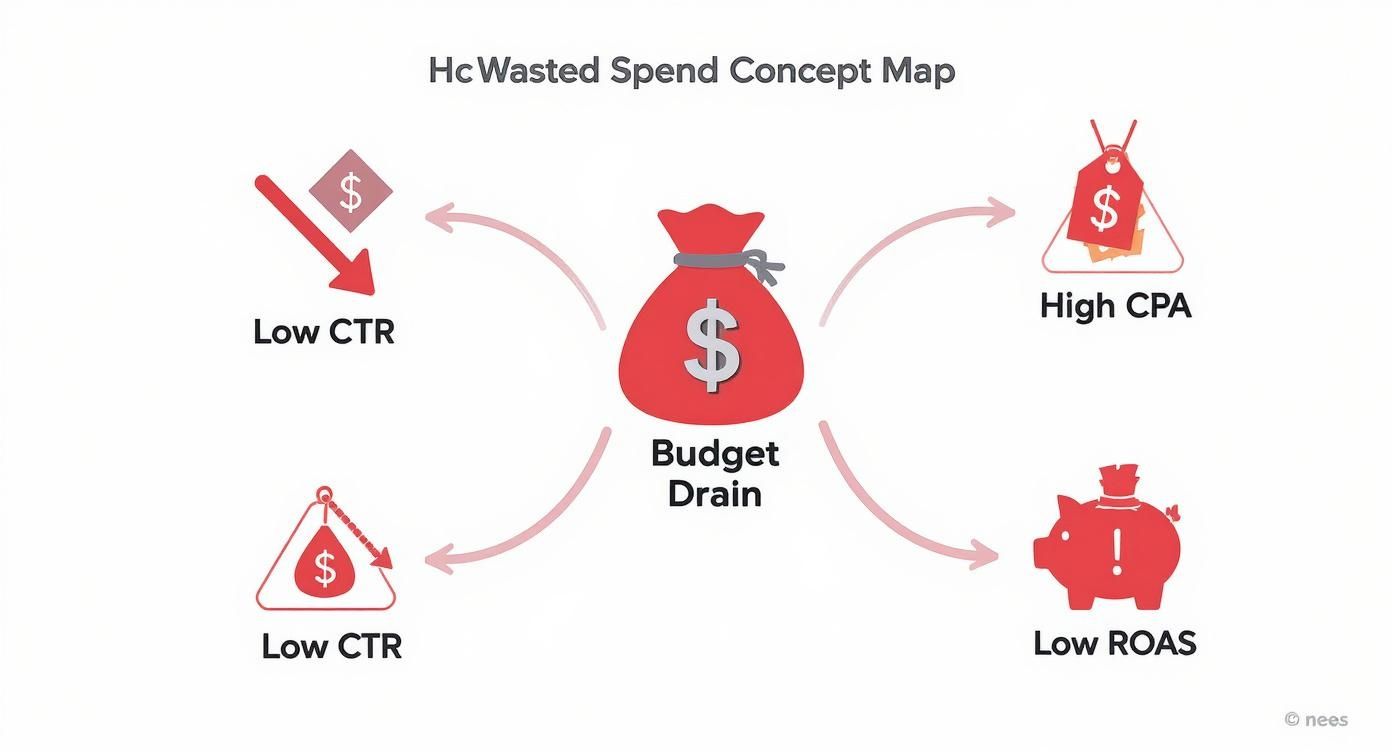 Infographic showing how a poor negative keyword strategy leads to a budget drain, impacting CTR, CPA, and ROAS.