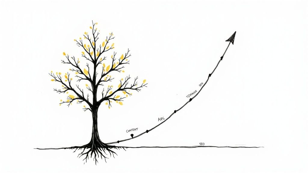 An image showing interconnected nodes and pathways, symbolizing the long-term growth and authority built through SEO.