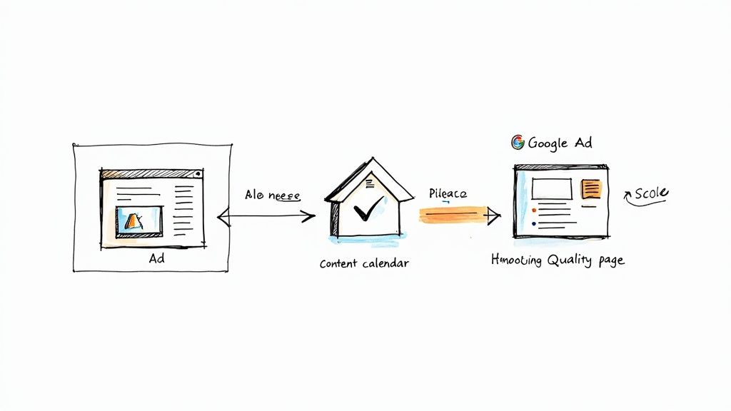 Two puzzle pieces, one labeled "SEO" and the other "Google Ads," fitting together to form a lightbulb, symbolizing a bright, integrated strategy.