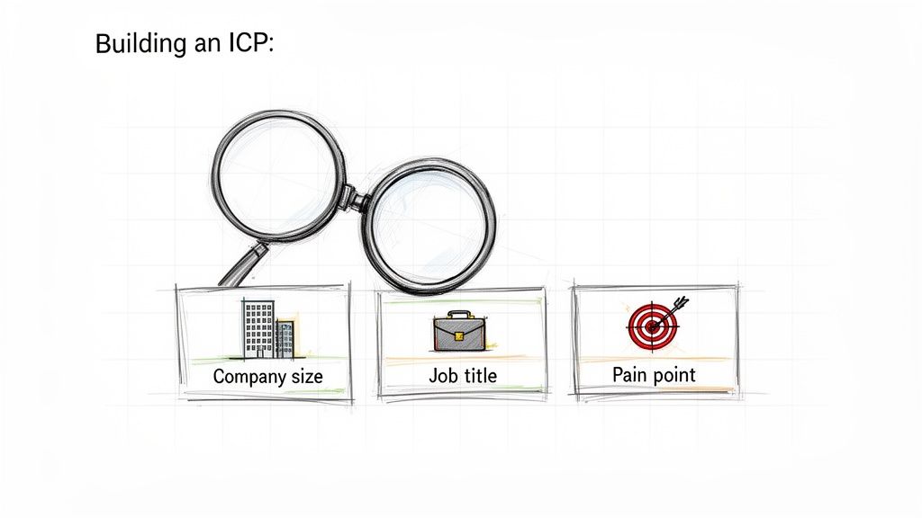 Illustration showing magnifying glasses over elements for building an ideal customer profile: company size, job title, and pain point.