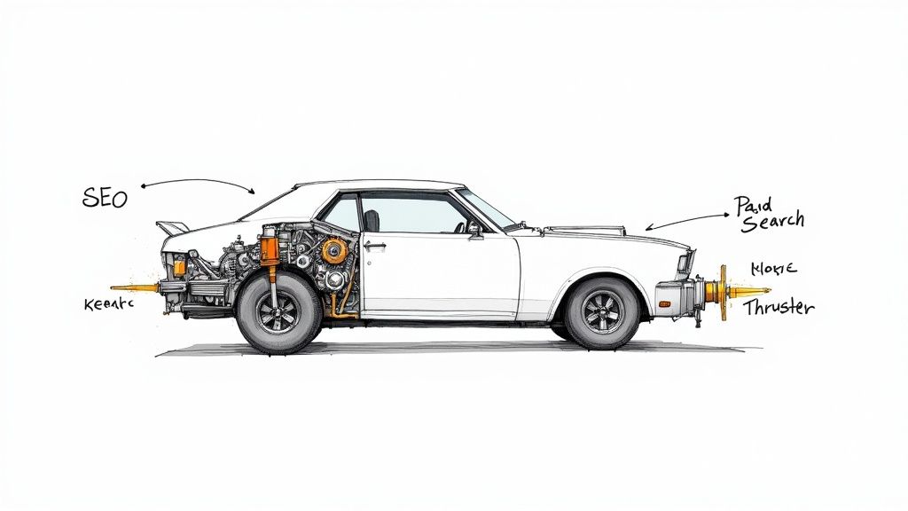 A stylized image showing a lightbulb with gears inside, representing the strategic thinking behind Paid Search and SEO.