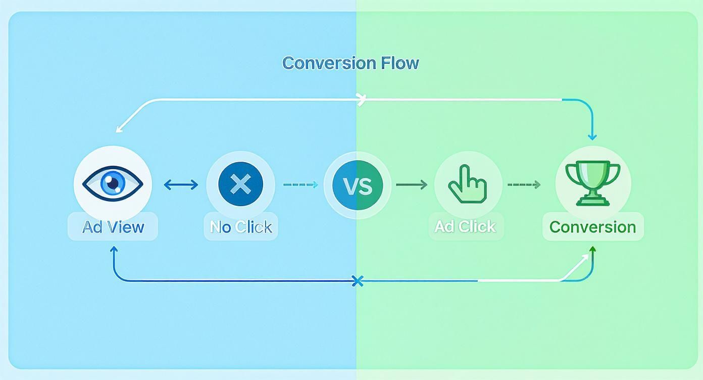 A diagram illustrating an ad conversion flow, comparing ad view no click versus ad click leading to conversion.