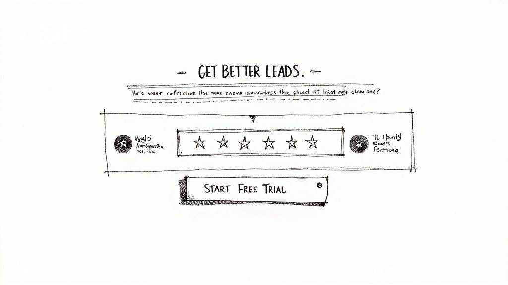 A hand-drawn sketch of a landing page featuring a 'Get Better Leads' headline, a 5-star rating, and a 'Start Free Trial' call-to-action button.