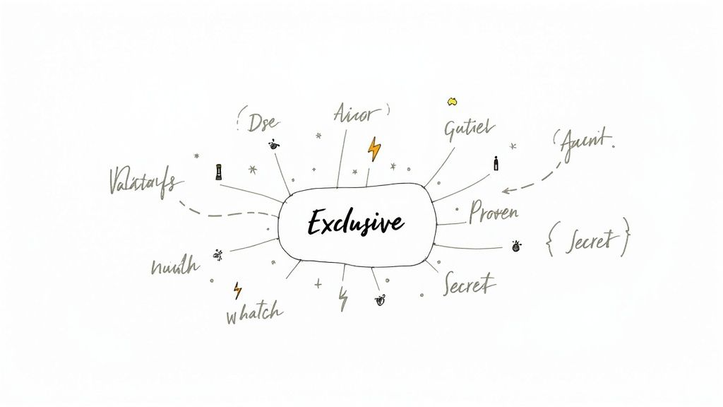 A hand-drawn mind map with 'Exclusive' at its core, branching out to numerous related words and symbols.