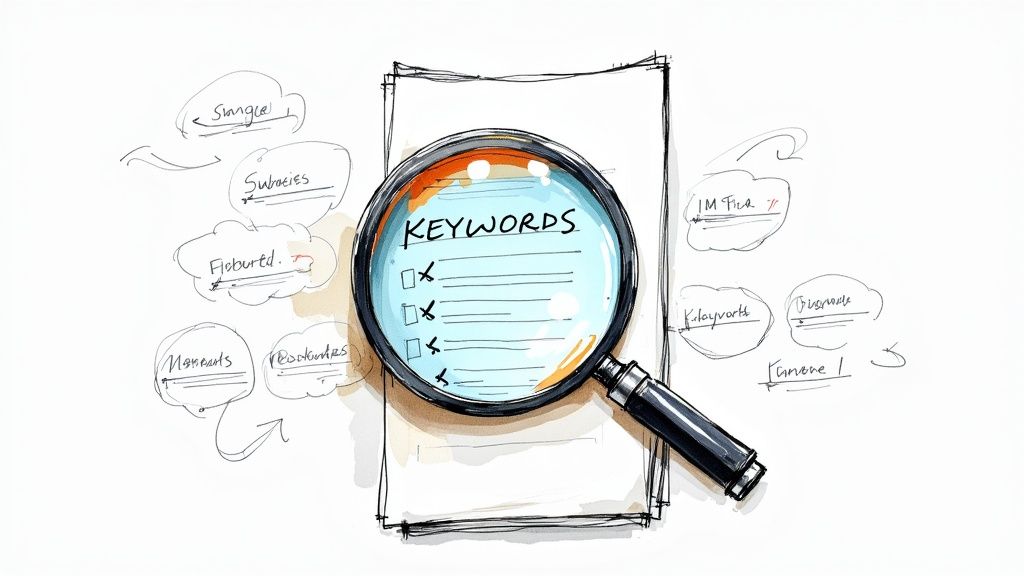 A digital illustration showing keyword research concepts on a computer screen.