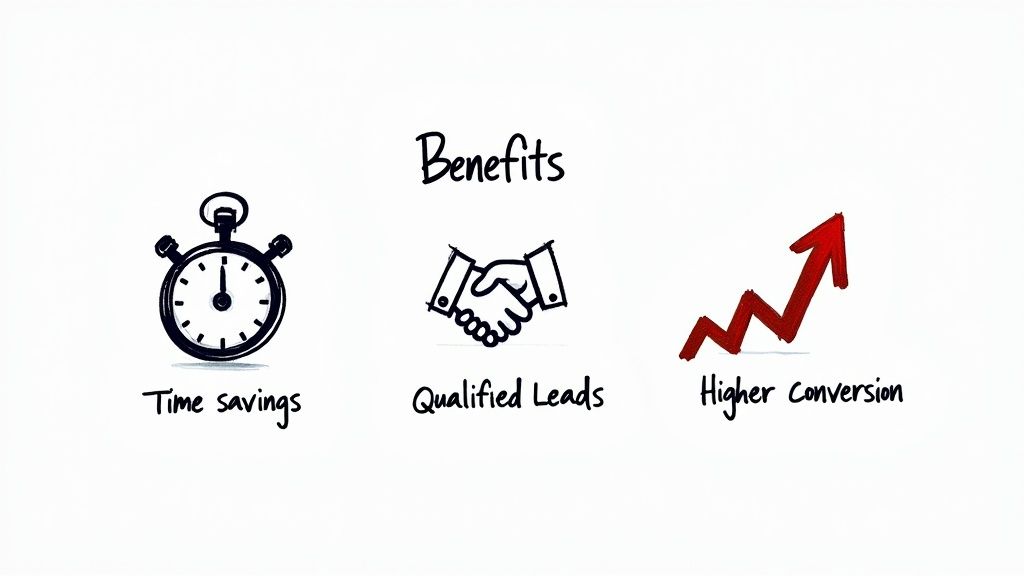 Diagram showing a conveyor belt moving leads from a Google Ads icon to a CRM system icon