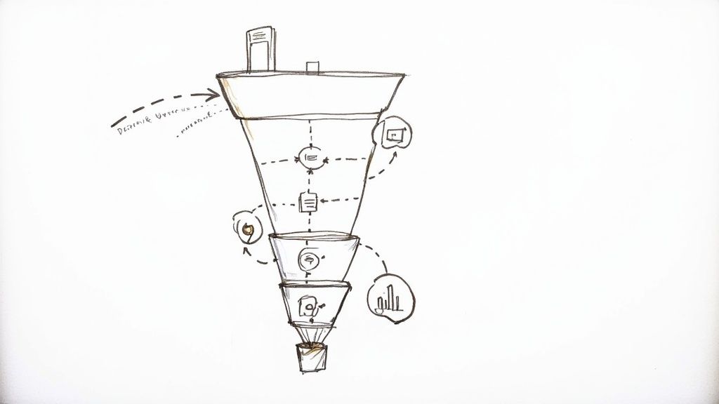 A hand-drawn marketing funnel diagram illustrating user definition, measurement, and conversion processes.