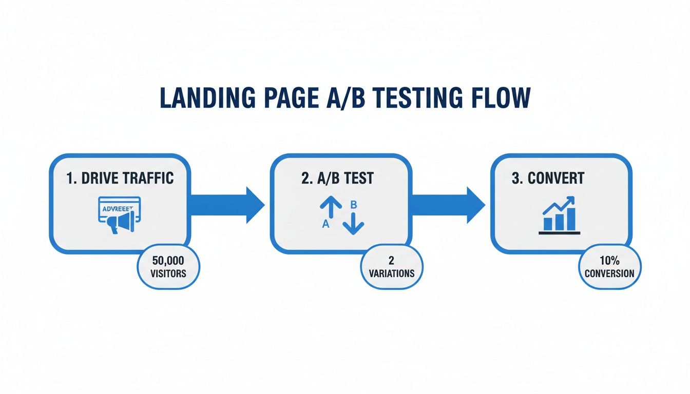 Flowchart illustrating the landing page A/B testing process, from driving traffic to conversion.