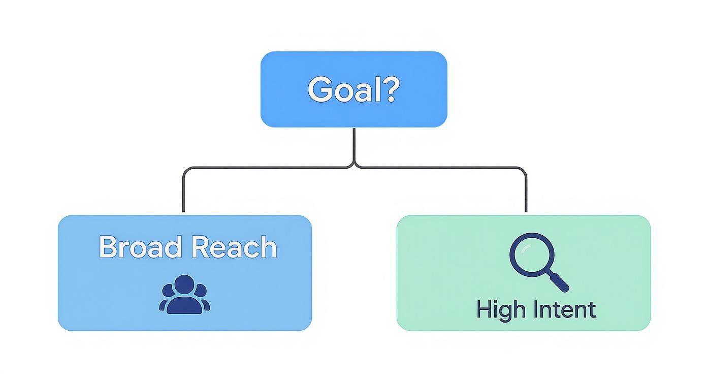 Flowchart asking 'Goal?' leading to 'Broad Reach' (audience icon) and 'High Intent' (magnifying glass icon).