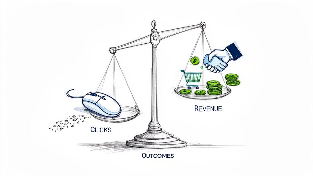 A balance scale illustrating the comparison of digital clicks with revenue, represented by money and a handshake.
