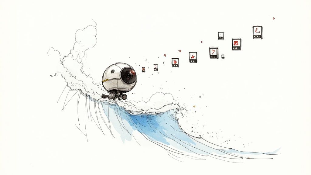 A spherical camera robot surfs a blue wave, with data icons floating behind it.