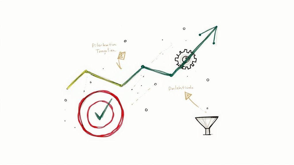 An abstract illustration of a rising line graph with a magnifying glass over it, representing campaign optimization and ROI growth.