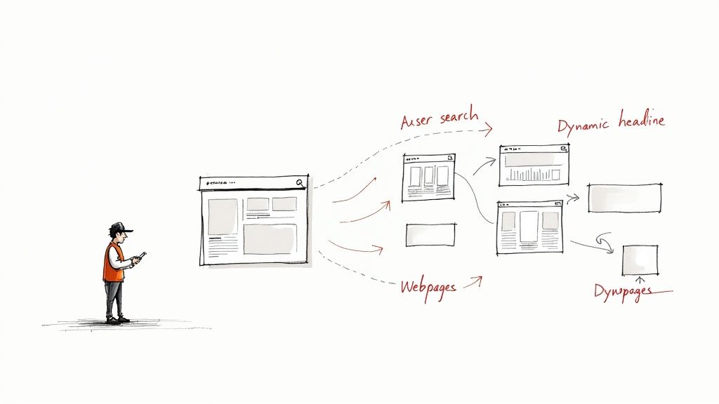 Diagram illustrates user search leading to multiple webpages and dynamic content generation.