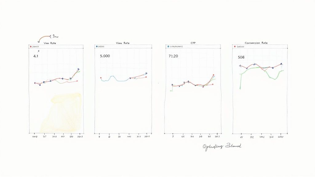 A dashboard showing various performance metrics for a YouTube ad campaign, such as view rate and CTR, with charts and graphs indicating optimization.