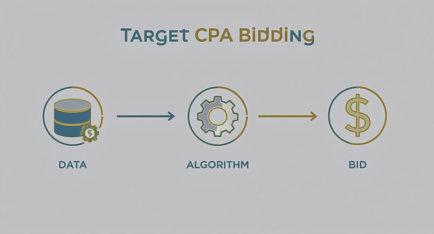 Target CPA bidding flowchart showing data feeding algorithm to determine optimal bid amount