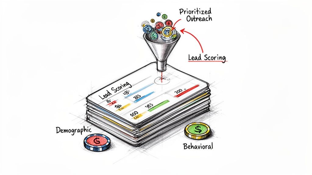 Illustration of lead scoring process, funneling demographic and behavioral data into prioritized outreach.