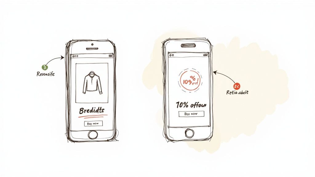 Sketches of two mobile phone screens demonstrating retargeting ad campaigns with product view and discount offer.