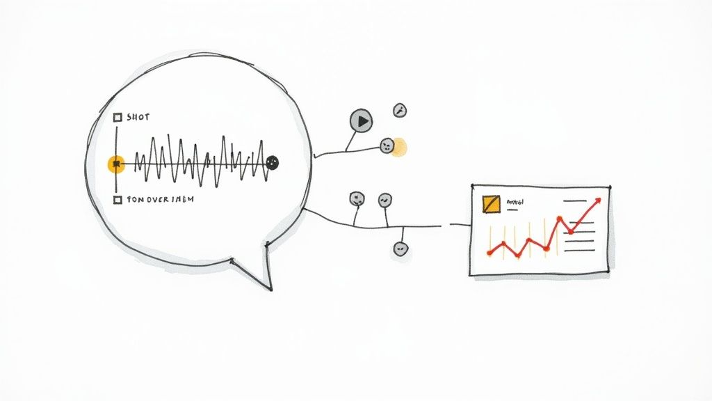 Hand-drawn diagram of a waveform in a speech bubble connected to emotion icons and an upward-trending graph.
