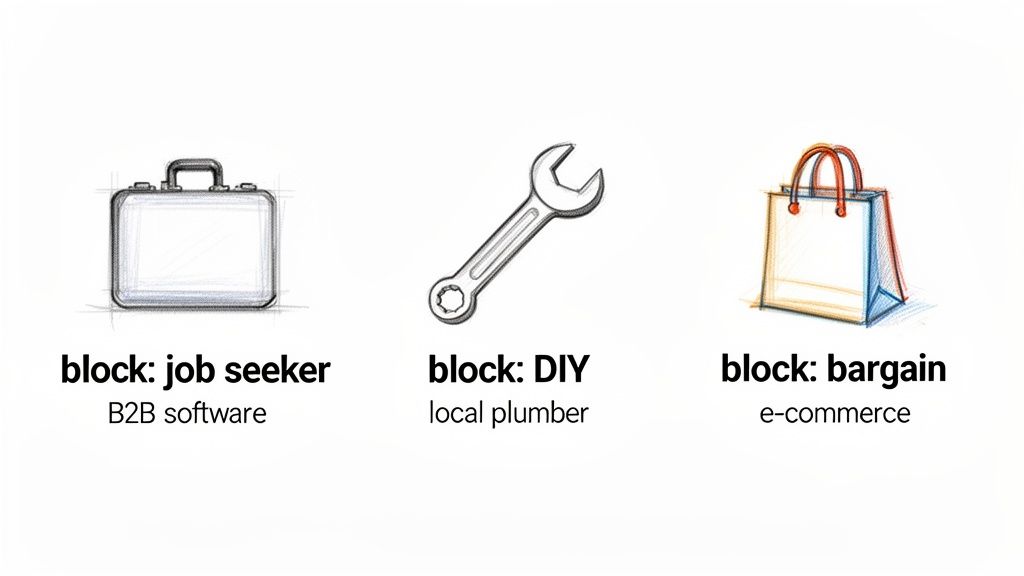 Three sketched icons representing user blocks: job seeker with briefcase, DIY with wrench, and bargain with shopping bag.