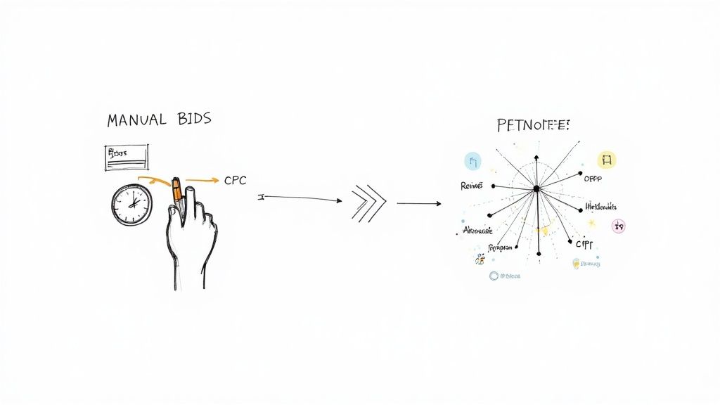Abstract image showing data points and connections, representing the evolution of Google Ads optimization from manual to AI-driven strategies.
