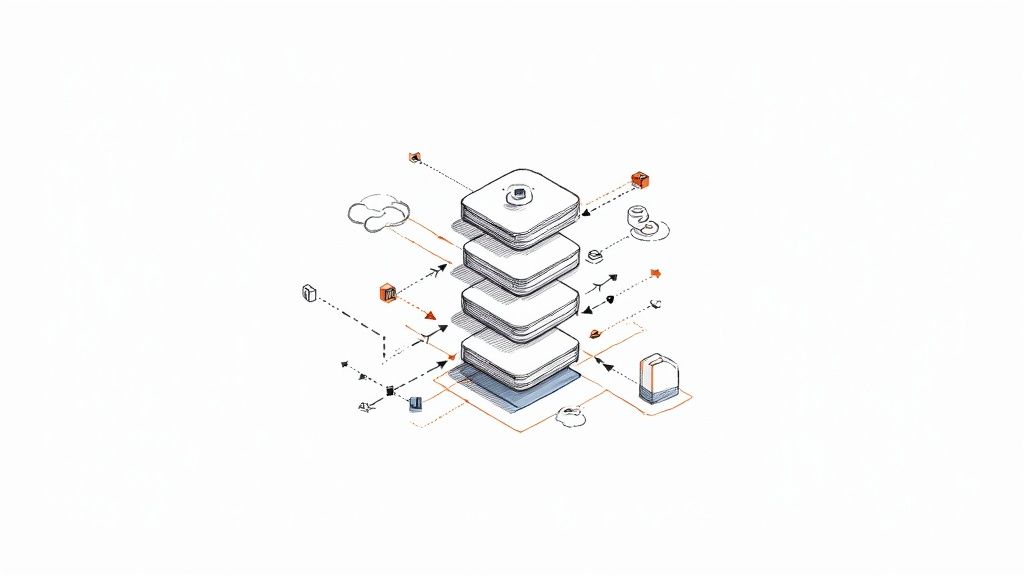 A technical diagram illustrating a layered system architecture with data flow between cloud, components, and an on-premise device.