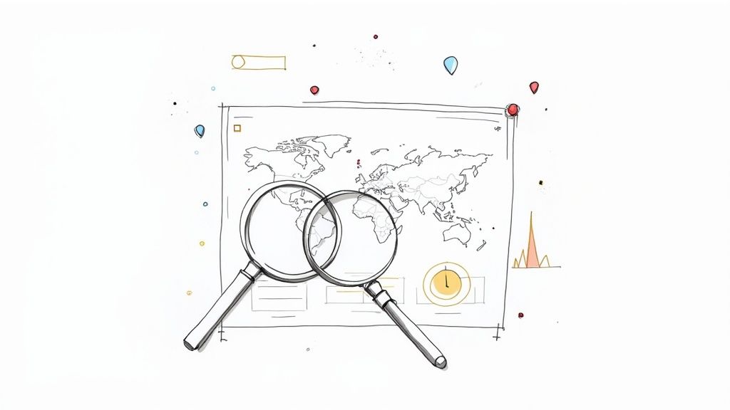 Hand-drawn illustration of a world map under two magnifying glasses, with various data elements.