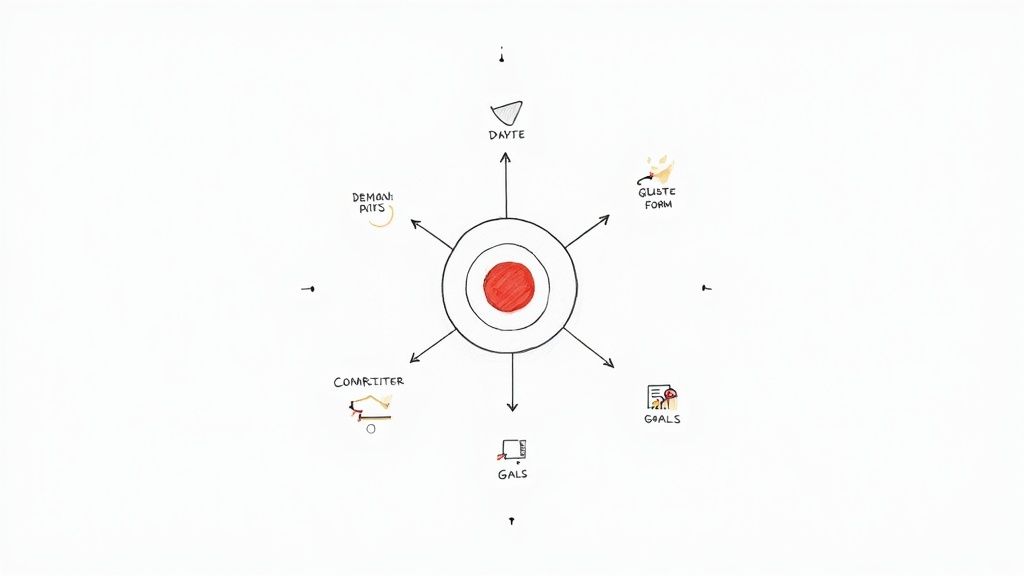 A strategic diagram showing a central red target with radiating arrows pointing to external factors like competitor and goals.